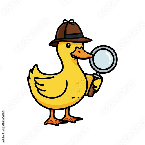 Detective Duck A cartoon duck dressed as a detective with a magnifying glass, investigating a mystery