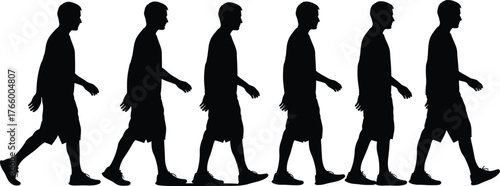 Walking cycle silhouettes, human gait, biomechanics study, motion sequence, animation reference, sports science, physical therapy, exercise concept, posture design, lifestyle illustration