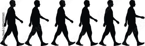 Walking cycle silhouettes, human gait, biomechanics study, motion sequence, animation reference, sports science, physical therapy, exercise concept, posture design, lifestyle illustration