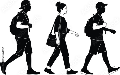 Walking silhouettes, casual people, everyday life, travel concept, commuting design, lifestyle illustration, group motion, friendship figure, leisure activity, urban scene