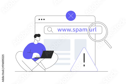 Suspicious and malicious hyperlinks concept, spam url or website address, safe browsing and alert notification. Flat Cartoon Vector Illustration, icon Stylish abstract design landing page web