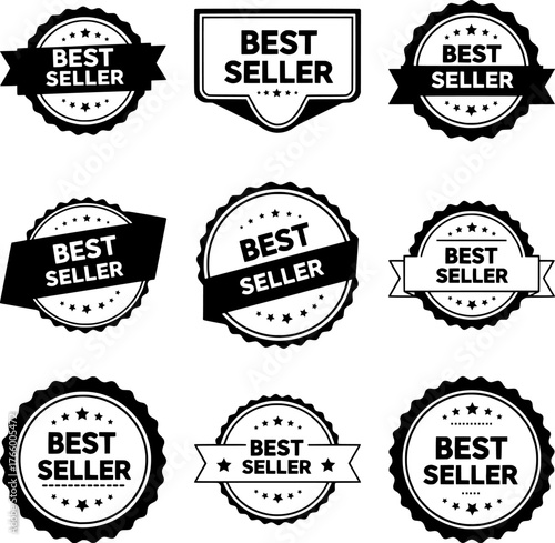 Vector art of collection of black and white best seller badges and labels