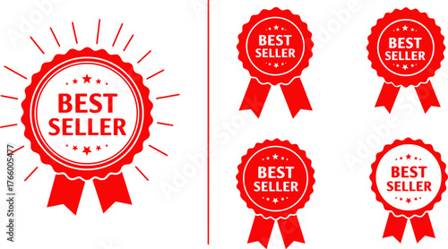 Vector art of collection of red best seller badges with ribbons and sunburst