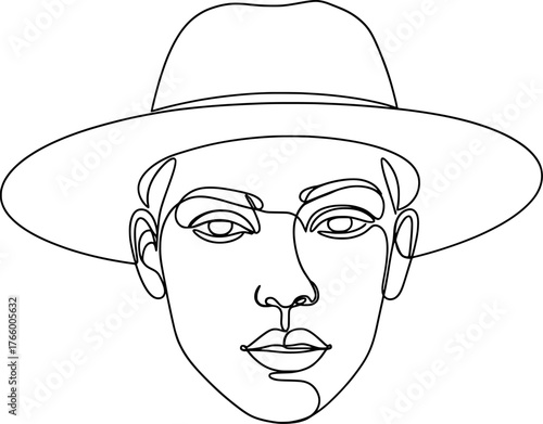 Vector art of minimalist line art portrait of a face wearing a fedora hat