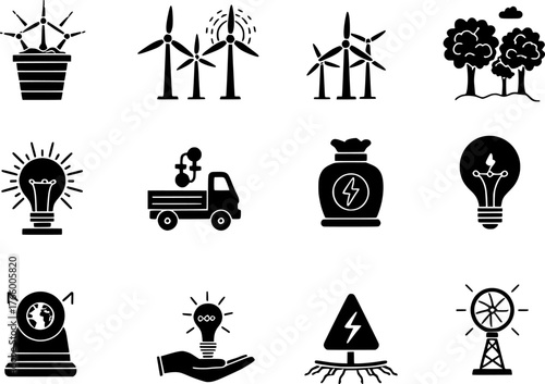 Vector art of set of renewable energy and sustainability icons