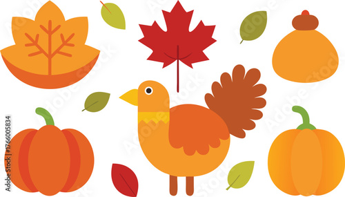 Thanksgiving day vector icons collection turkey pumpkin autumn leaves scalable illustration