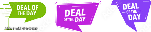 Vector art of set of three colorful speech bubble tags saying deal of the day