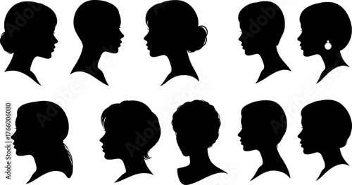 Vector art of set of black female silhouette profile heads with different hairstyle