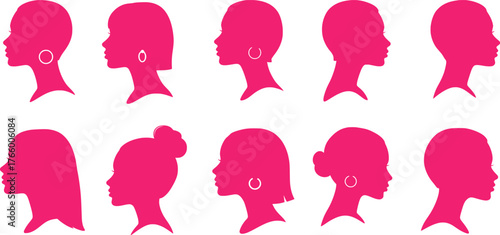 Vector art of collection of pink female silhouette profile heads with various hairstyles