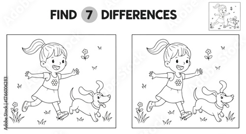 Vector art of find the differences game with a girl and her dog playing in a park, a fun activity for children to improve observation skills and attention to detail