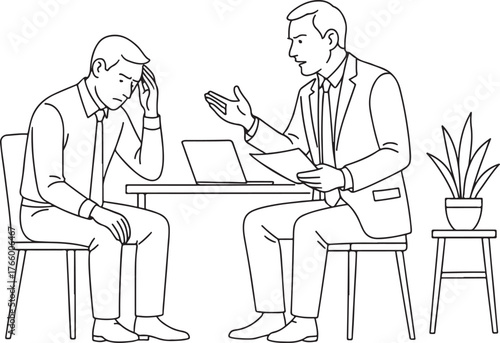 Man seeking guidance from professional counselor in office session with laptop and plant offering support and understanding vector