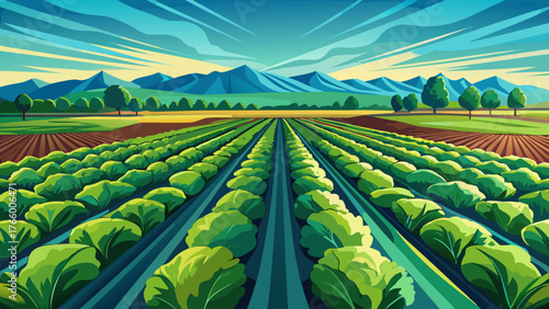 Very beautiful green row lettuce field in the Salinas Valley, California, USA, stretching endlessly under a bright blue sky, symbolizing rich agriculture and the fertile heart of America’s farmland.