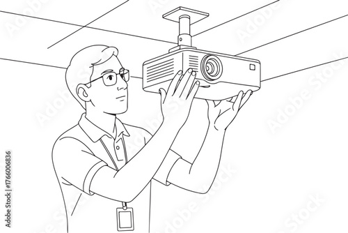 Man installing projector on ceiling grids in office meeting room preparing for presentation or home theater setup vector