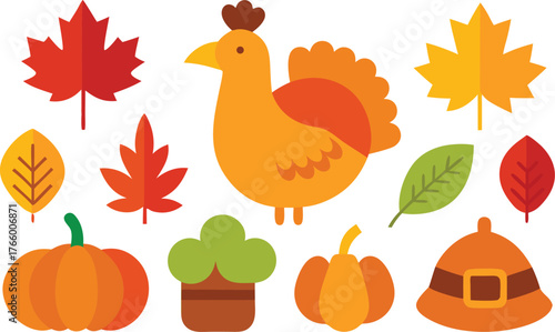 Thanksgiving day vector icons collection festive turkey pumpkins maple leaves for harvest celebration