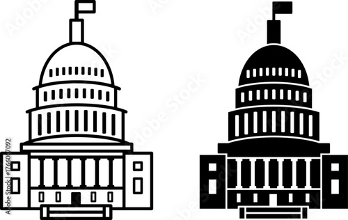 Congress Icons. Black and White Vector Illustrations. US Capitol Building. Legislative Body of Parliament in the United States. Election Concept