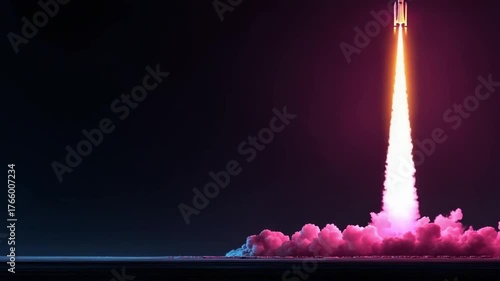 A rocket lifting off from a seaside launch pad, with a fiery orange plume and pink smoke under a dark night sky.