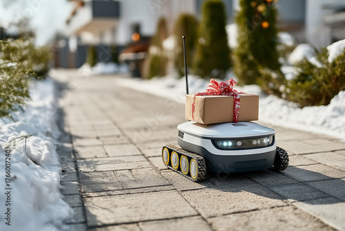 Delivery robot carries Christmas gift along sidewalk during sunny day toward apartment building entrance for automated logistics advertising technology companies or smart city service promotions