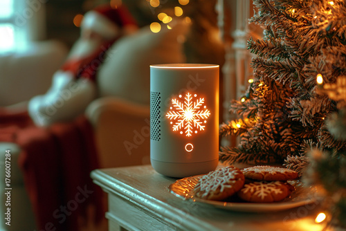 Smart speaker with snowflake animation displayed on screen positioned on festive fireplace mantel beside Santa's cookies plate for smart home technology advertising digital assistant promotions