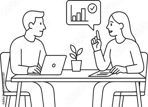Business meeting discussing growth strategy with data chart and plant on table laptop communication collaboration teamwork office vector