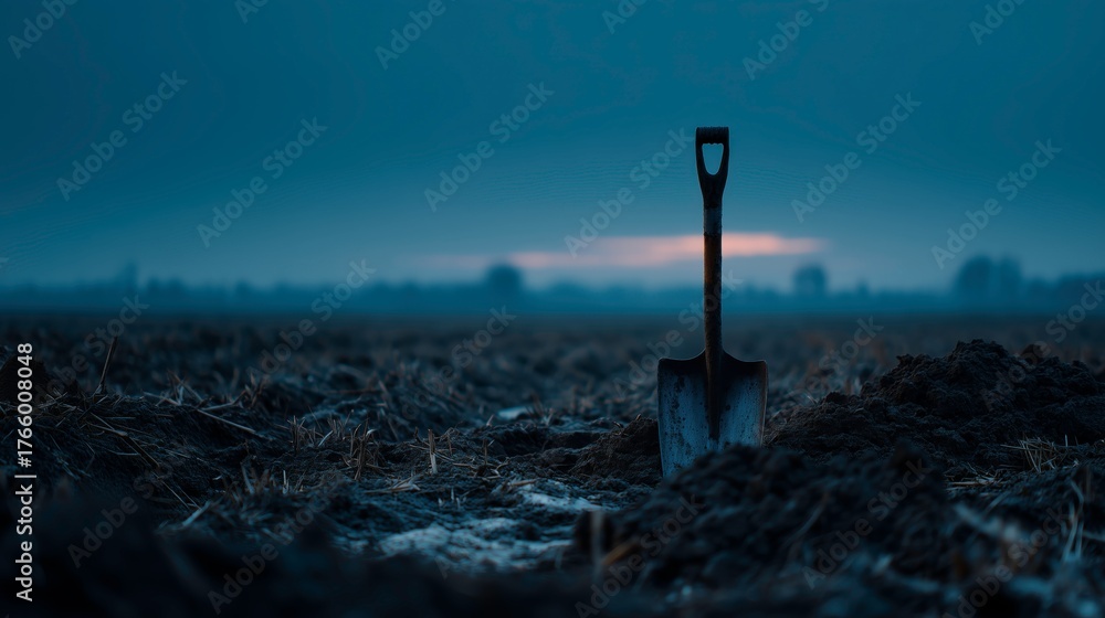 Fototapeta premium Lone shovel silhouette emerging from soil against misty blue dawn horizon evoking solitude and endurance in cold earth