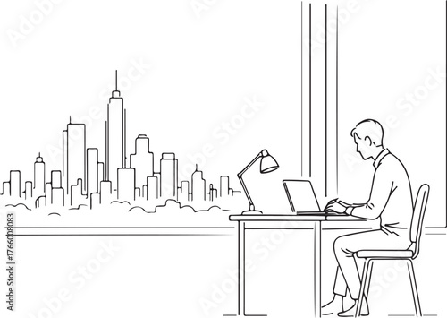 Man working on laptop at desk with panoramic city skyline view office workspace productivity and urban lifestyle concept vector