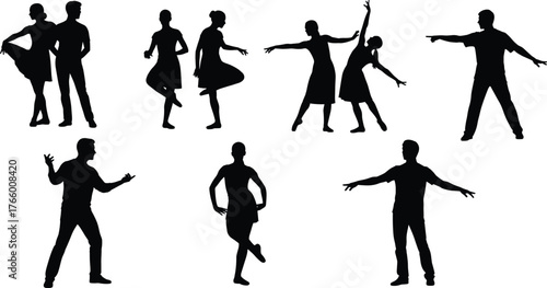 Dance silhouette illustration set, expressive movement poses, ballet and contemporary gesture, cad drawing flat vector illustration
