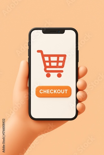 Hand holding phone showing shopping cart checkout button