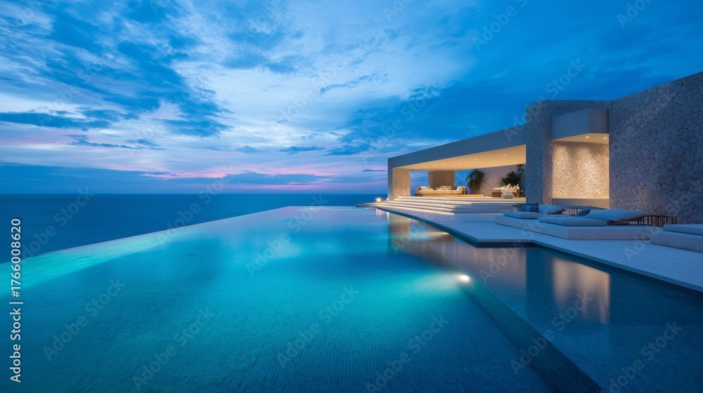 Fototapeta premium Elegant Villa with Illuminated Pool at Twilight