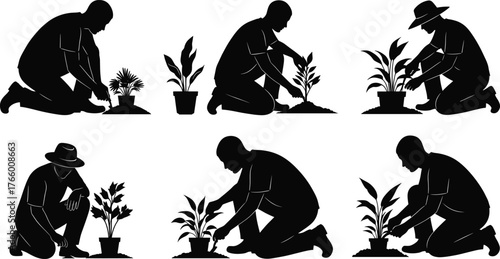 Gardening silhouette illustration set, plant care activity poses, nature interaction artwork, cad drawing flat vector illustration