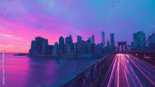 Cyberpunk Styled Brooklyn Bridge with Neon Pink Cityscape