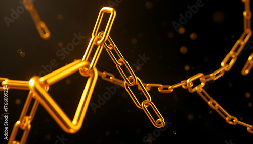 Glowing Golden Chain Links in Motion – Blockchain & Crypto Security Symbol, Dynamic Gold Chains: Visualizing Decentralized Network Strength
