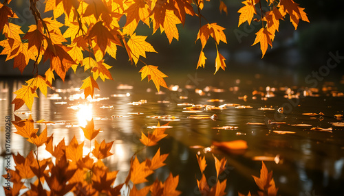 Golden Autumn Leaves Glowing Over Water – Serene Fall Reflections at Sunset, Warm Maple Leaves & Sparkling River: Perfect Autumn Beauty Scene
