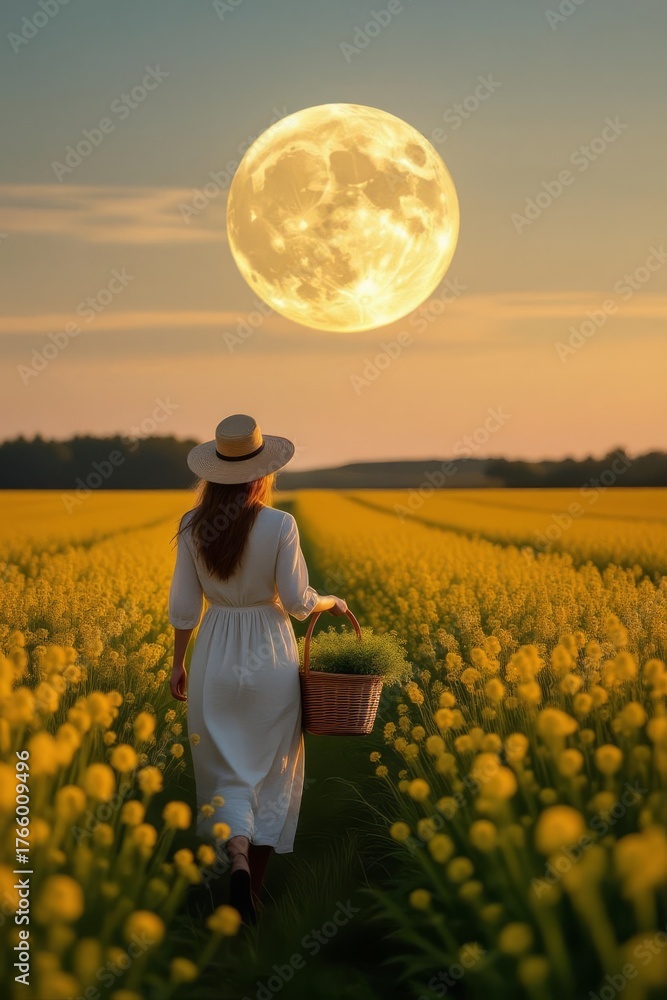 Fototapeta premium Woman in hat standing in yellow flower field under large full moon at sunset