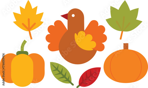 Thanksgiving day icons collection turkey pumpkin autumn leaves festive vector illustration