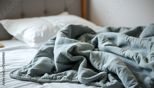 Cozy Gray Blanket on Unmade Bed – Soft, Inviting Morning Vibe, Relaxed Bedroom Scene: Wrinkled Comforter for Lazy Days & Hygge Living
