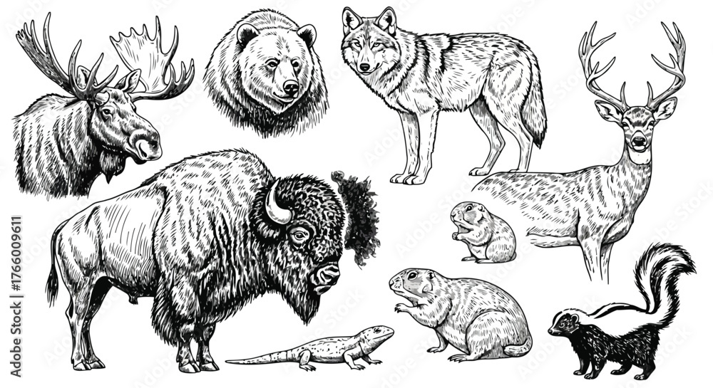 Naklejka premium Vector art of collection of north american wildlife illustrations in black and white sketch style, featuring a moose, bear, wolf, bison, deer, skunk, lizard, and prairie dogs