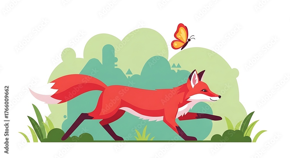 Obraz premium Red Fox Running with Spring Meadow.