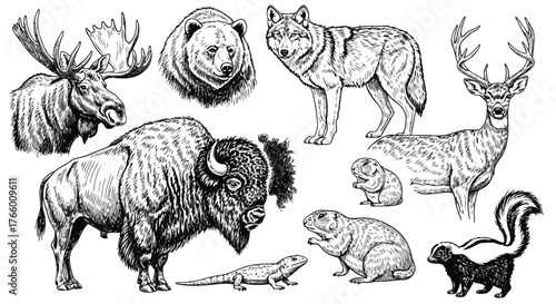 Vector art of collection of north american wildlife illustrations in black and white sketch style, featuring a moose, bear, wolf, bison, deer, skunk, lizard, and prairie dogs