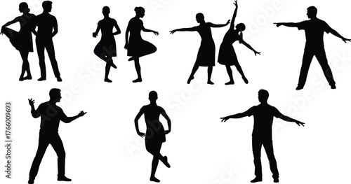 Silhouette dancers performing elegant poses, couple dance art illustration, contemporary choreography motion design, isolated on white background