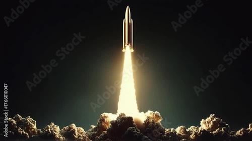 Rocket blasting off into the night sky with a bright flame and smoky exhaust.