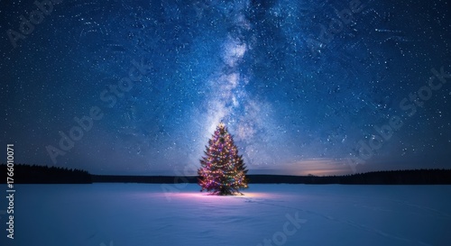 Christmas tree with lights stands alone under the starry night sky in winter