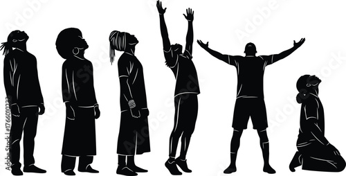 Uplifted silhouette gesture set, expressive upward poses, emotional connection artwork, cad drawing flat vector illustration