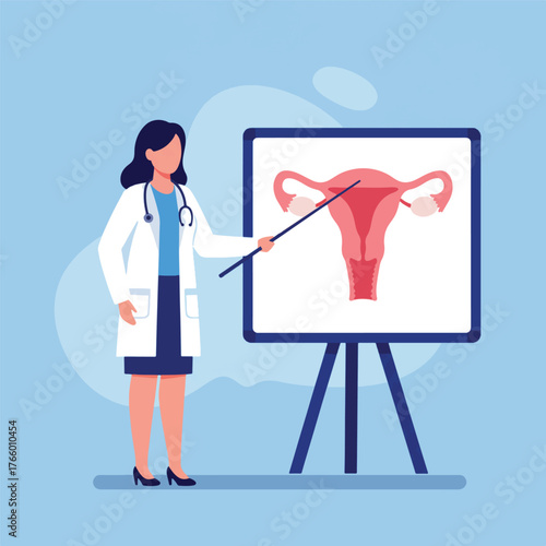 Vector art of doctor explaining female reproductive system anatomy