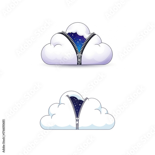 Unzip the night sky dreamlike journey with clouds revealing a starry cosmos, a whimsical and imaginative concept perfect for dreamers and stargazers