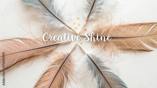 Soft Colorful Feathers with Golden Stars on a Light Background