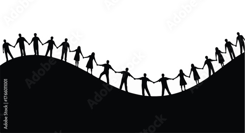 Diverse group of people holding hands in a connected circle, symbolizing unity and community on a dark silhouette.