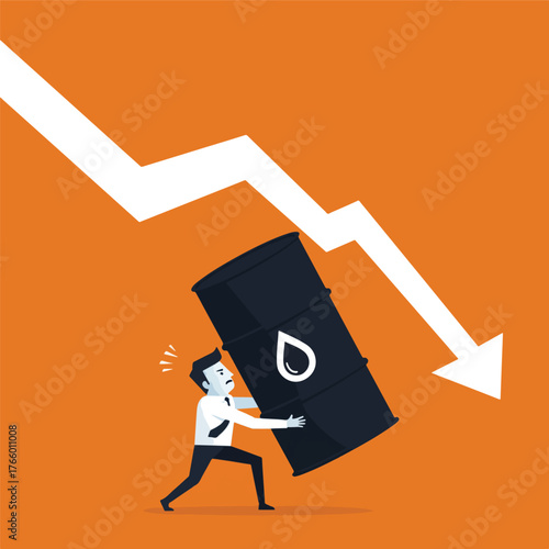 Vector art of man struggling to hold up falling oil barrel with downward graph