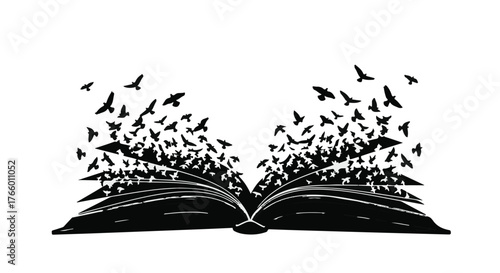 Open book transforming into a flock of birds taking flight, symbolizing imagination and freedom.