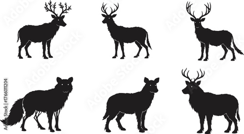 Animal silhouette set, deer and canine shapes, antler variations, wildlife icons, nature design, vector animals, black graphic elements