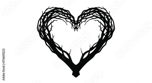 Gnarled branches form a stark heart shape against a white background, symbolizing nature's enduring love or a dark romance.